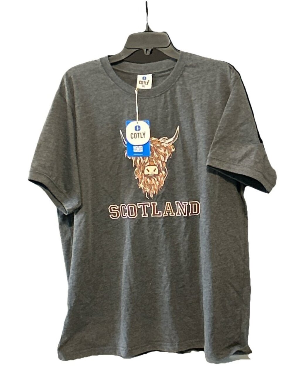 Cotly Scotland Highland Embroidered Cow  T-Shirt Men’s XL Dark Gray Colorful